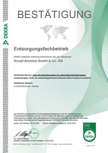 Knopf-Amelow Abfallverwertung und Containerdienst Zertifikat Entsorgungs-Fachbetrieb