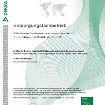 Knopf-Amelow Abfallverwertung und Containerdienst Zertifikat Entsorgungs-Fachbetrieb